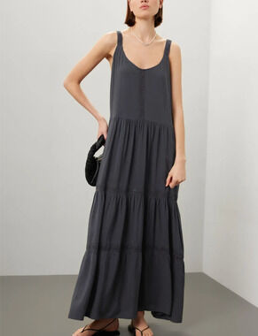 Splendid Dark Gray Tiered Ruffle Sundress Maxi Dress XL Embroidered Boho $188